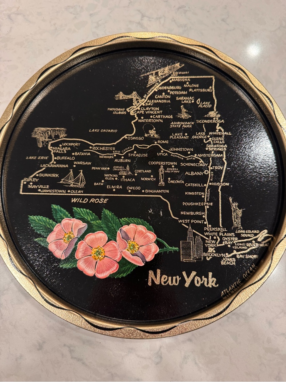 Vintage 1950s 60s New York State Map Souvenir Metal Tray Wild Rose 12”